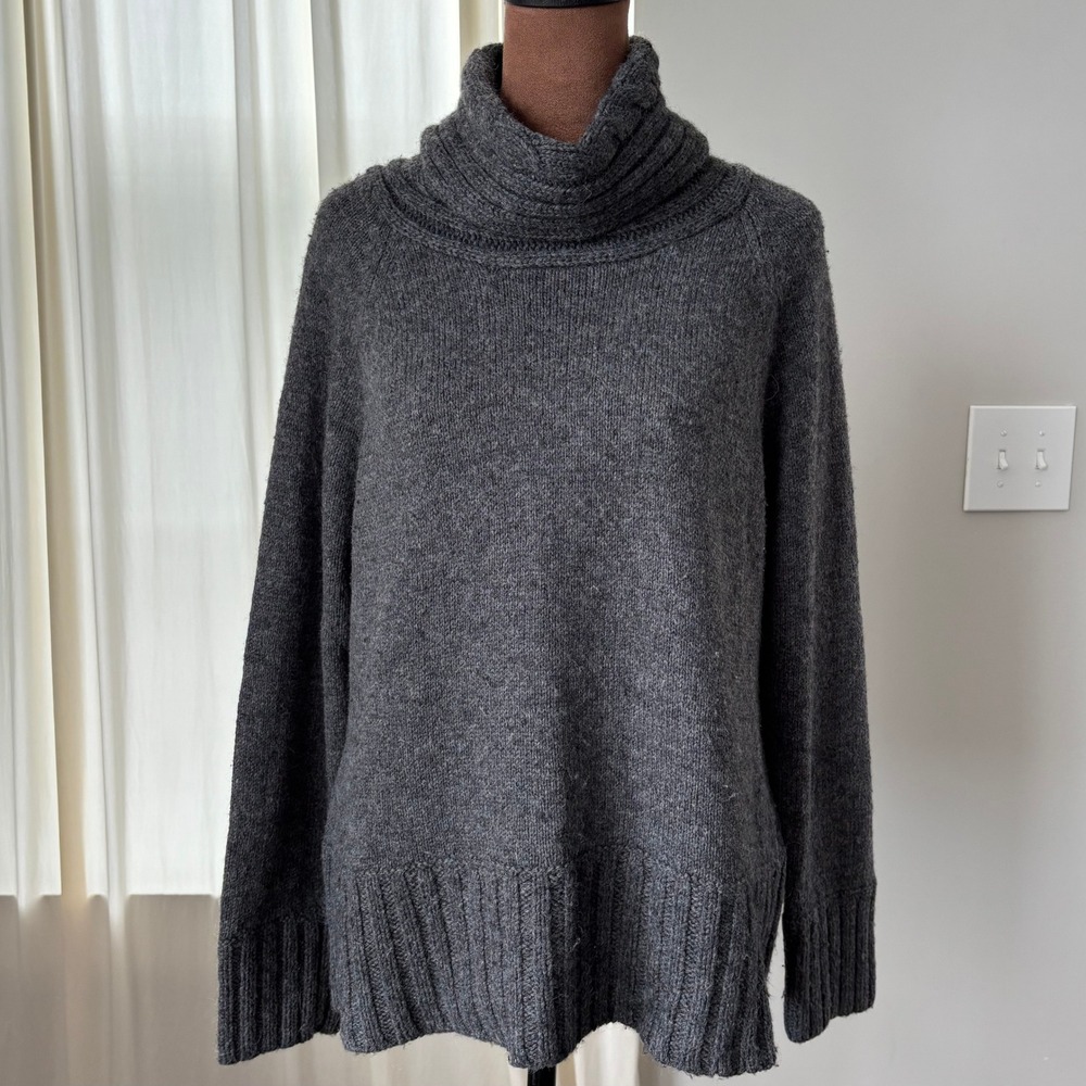 Gray Wool Turtleneck Sweater Petite XL Ribbed Preppy Cottage Coastal Grandma
